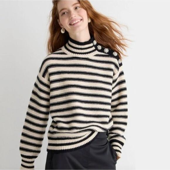 J. CREW Cable Knit Mockneck Pullover Stripe Jewel Button Black Cream Sz L {3W15} - Picture 1 of 8